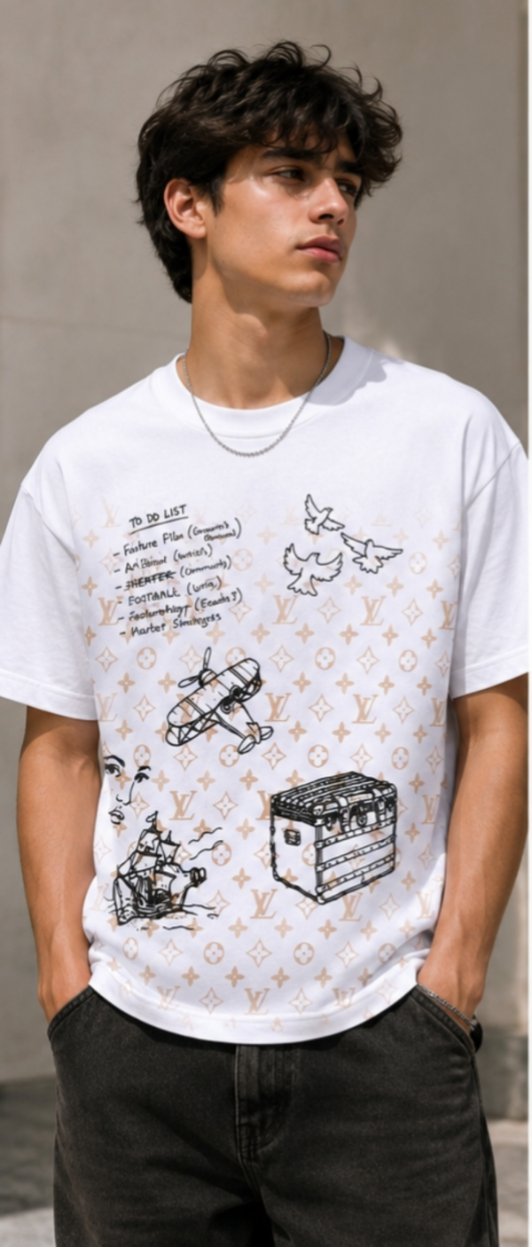 VILO white 240 GSM cotton terry oversized t-shirt with doodle art print